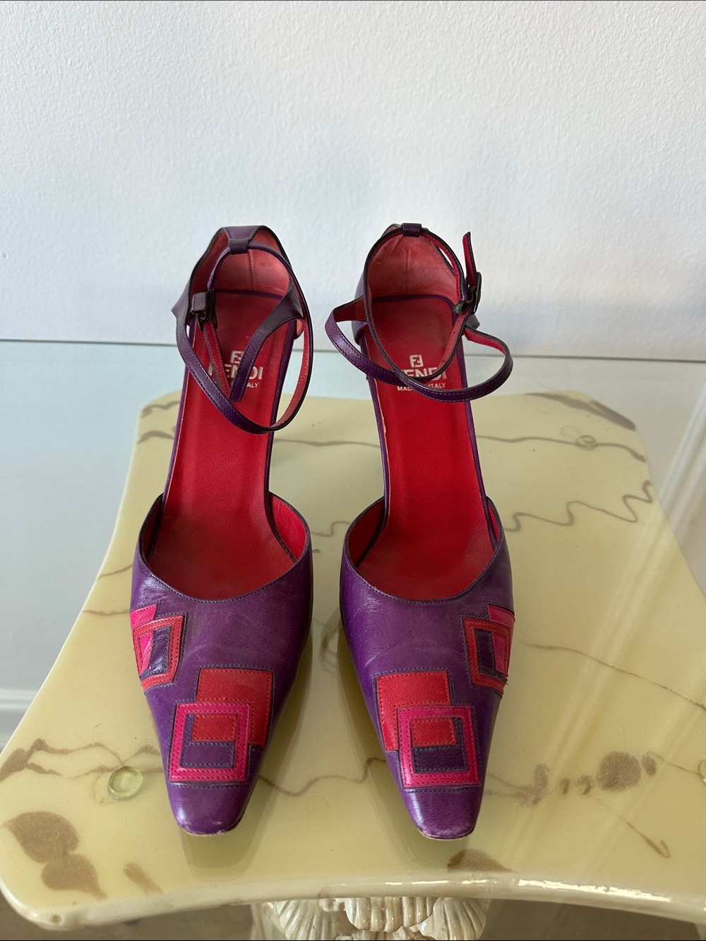 Fendi Purple and Red Geometric Pointed-Toe Ankle-Strap Heels - Picture 5 of 5